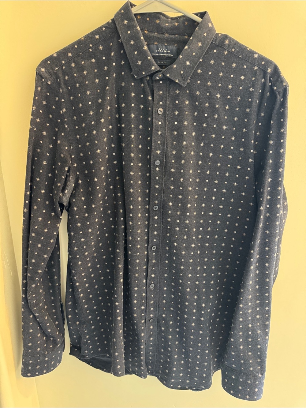 Zara Men’s Navy Button-Down Shirt with Small White Star Pattern